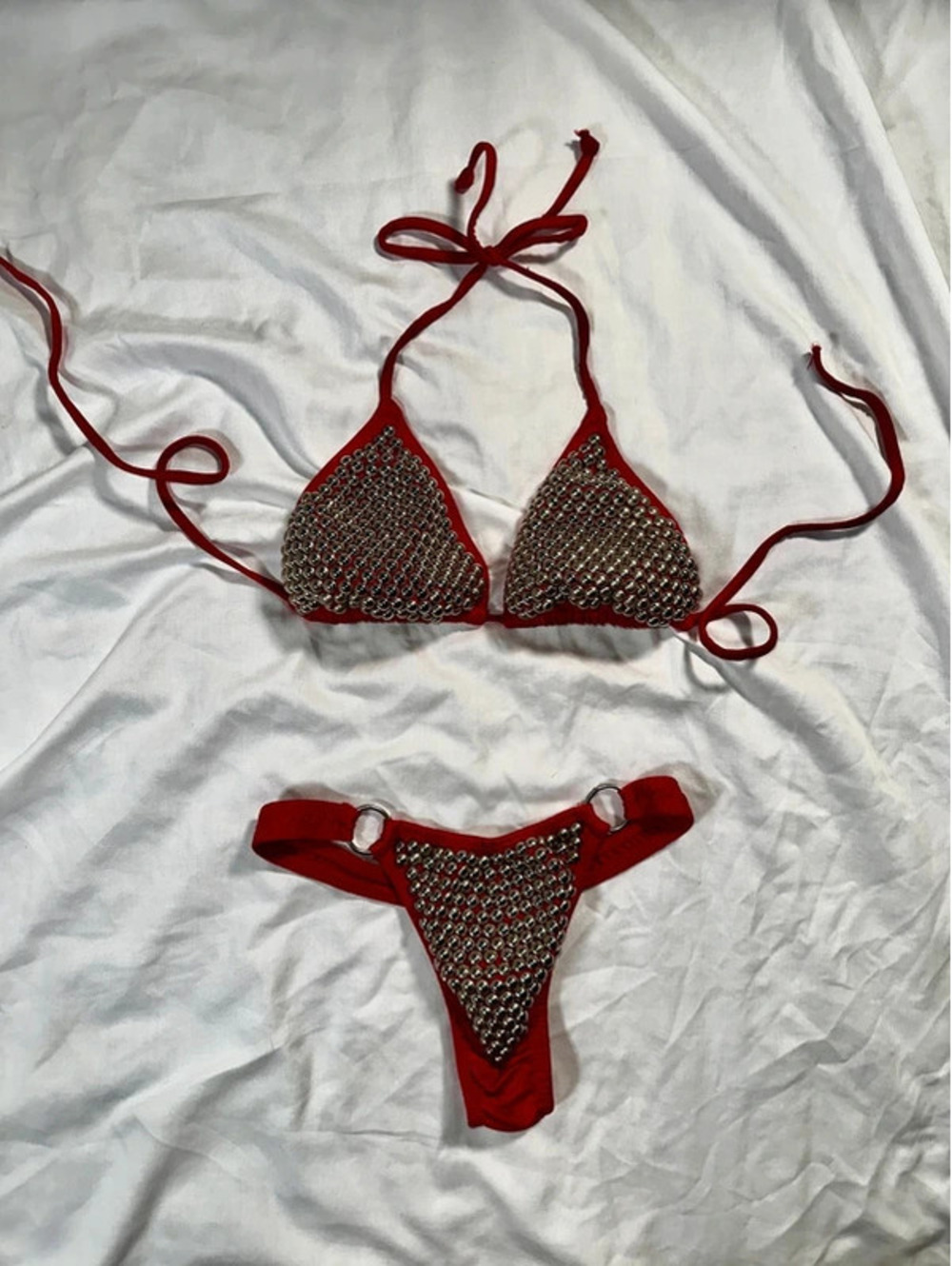Red Silver Studded Bikini Set Size L Metal Beaded Y2K Festival Rave Swimwear